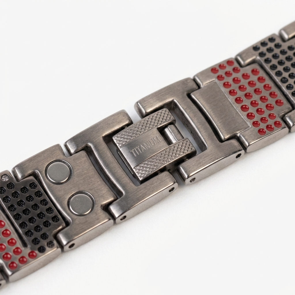 6x power premium silver wellness bracelet - macro detail of clasp and links