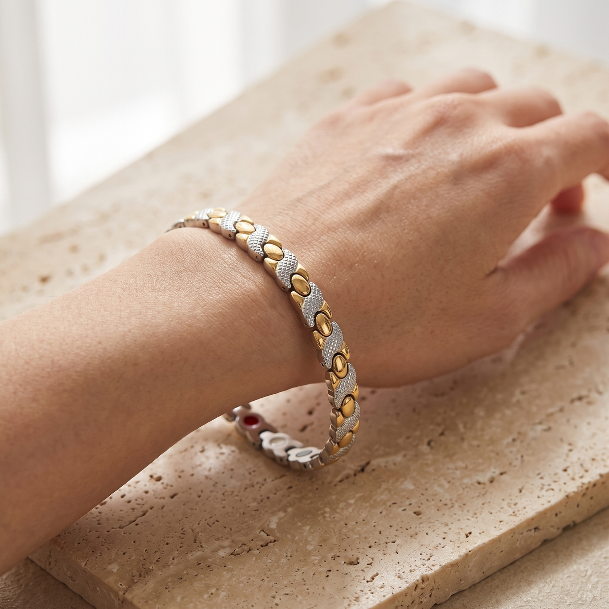 cleo magnetic bracelet silver & gold worn on the wrist