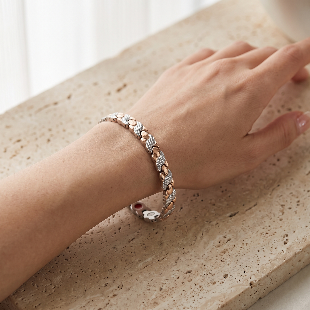 Cleo Magnetic Bracelet Silver & Rose Gold worn on the wrist