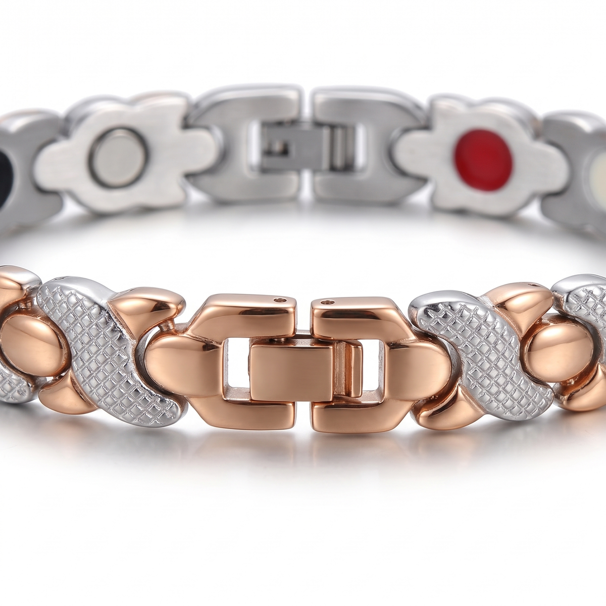 Cleo Magnetic Bracelet Silver & Rose Gold - macro detail of XO links and clasp