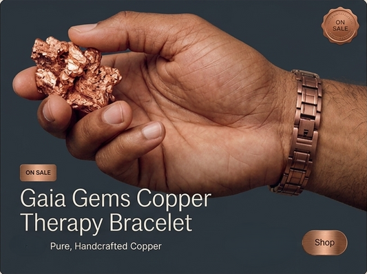 Gaia Gems copper therapy bracelet worn on a man's wrist as he holds a piece of raw copper ore